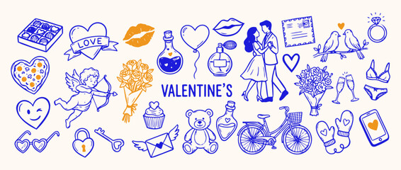 Fototapeta premium A Celebration of Love and Affection: This charming collection of Valentine's Day icons depicts symbols of romance, togetherness, and heartfelt gestures, perfect for conveying love and appreciation.