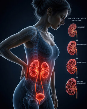 Polycystic Kidney Disease Progression Illustration with Female Anatomy and Stages of Renal Damage