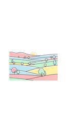 Fototapeta premium Colorful, minimalist landscape with pastel fields, trees, and sun outline. Simple vector art style, evokes calm and peacefulness