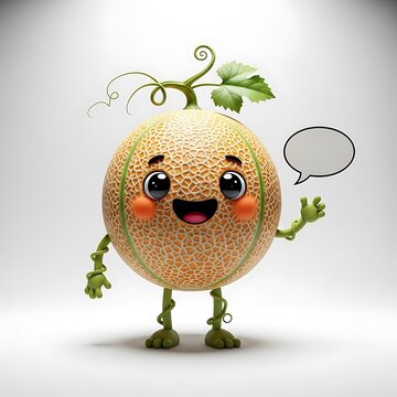 Whimsical anthropomorphic melon character with cartoon eyes, a friendly smile, a speech bubble, and expressive green vine limbs