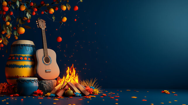 Latin Music Concert and Festa Junina Night Festival Premium Advertisement Banner 3D Folk Guitar and Drums with Massive Right Copy Space