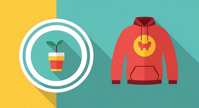 Flat illustration of a sprouting plant in a pot inside a circular frame next to a red hoodie with a yellow emblem