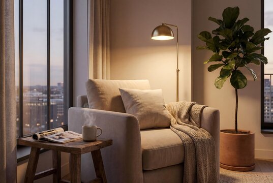 Cozy armchair with a steaming mug on a wooden side table, illuminated by a brass floor lamp next to a large potted fiddle leaf fig plant