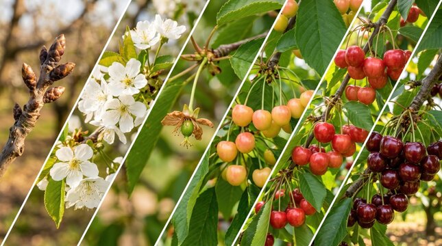 This composite photograph shows the seasonal growth cycle of cherry trees starting from early spring buds to white blossoms and finally ripening red fruits hanging from branches in an orchard.