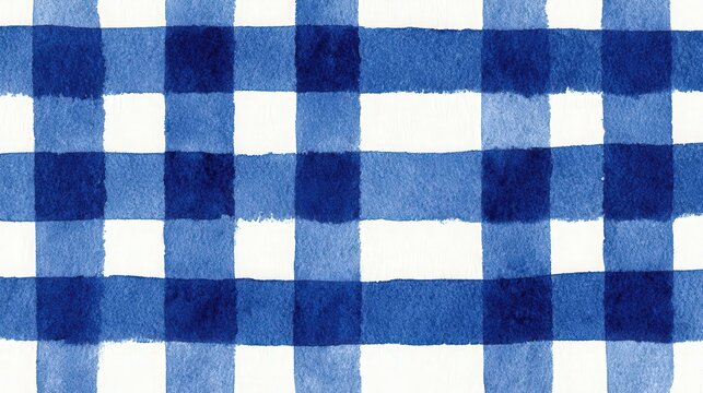 Blue watercolor gingham pattern features overlapping stripes on a white background.