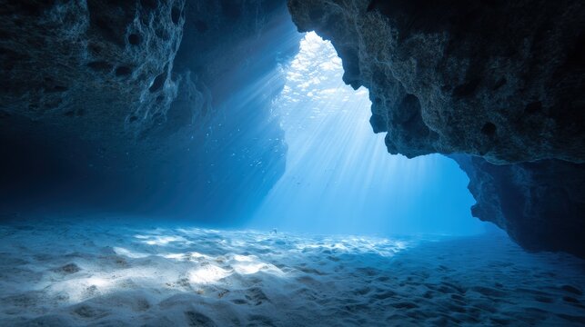 Sunbeams illuminate the interior of an underwater sea cave with sandy floor.