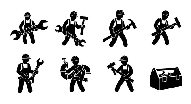 Construction worker icons: wrench, hammer, toolbox, plumber, tools, repair, industry