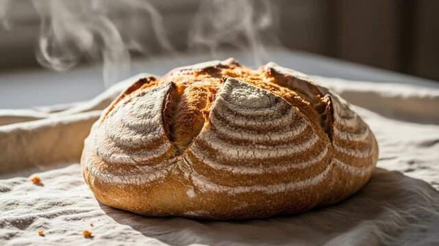 Closeup of a round loaf of freshly baked bread dusted with flour sitting on a linen cloth with steam rising from it