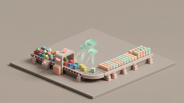 Isometric 3D illustration of AI algorithm organizing data blocks
