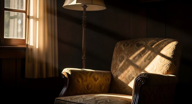Interior shot of a vintage armchair bathed in sunlight from a window, next to a standing lamp