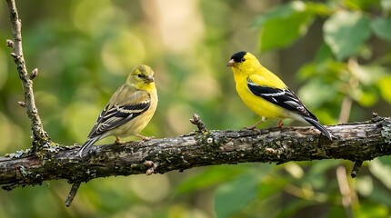 Obraz premium Male and female American Goldfinches on a tree branch