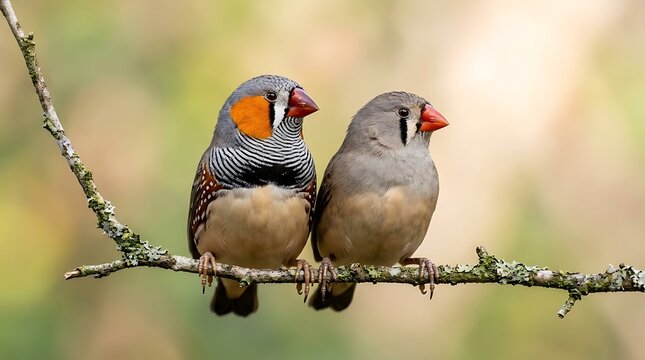 Pair of Zebra Finches perched on a mossy branch