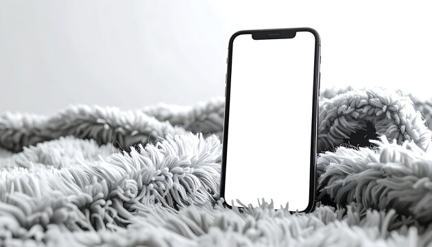Smartphone with blank white screen mockup centered on soft fluffy grey fabric, versatile for technology or comfort themes