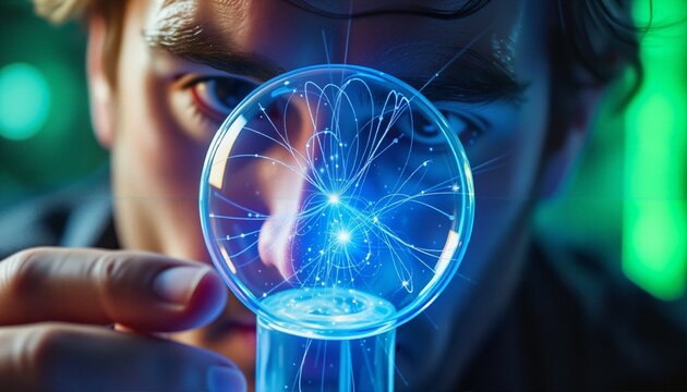 Close-up of scientist observing glowing blue orb with neural network visualization