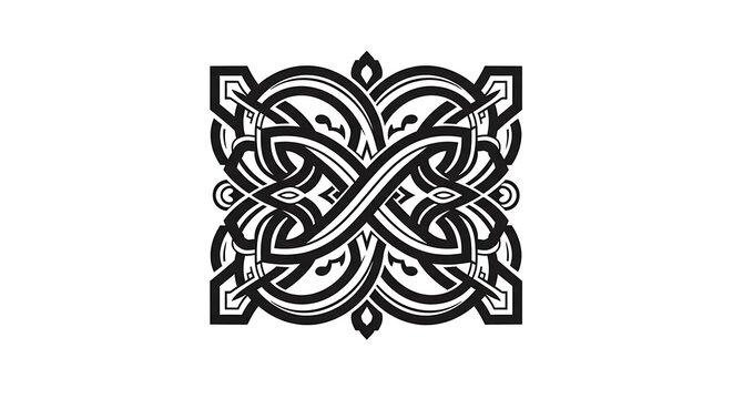 Symmetrical, ornate black and white design composed of interwoven lines, creating a Celtic-knot inspired pattern on a white background