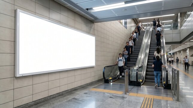 Blank horizontal billboard mockup in modern subway station with escalators and commuters