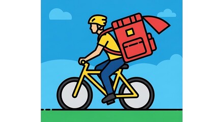 Fototapeta premium Stylized illustration of a person on a bicycle, wearing a helmet and carrying a large red delivery bag against a blue sky