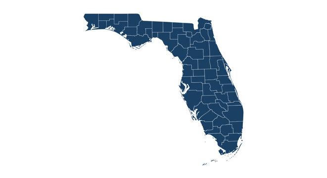 Florida Map with County Lines - Blue Outline on White Background