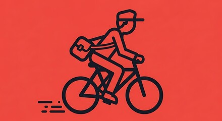 Fototapeta premium Linear illustration depicts a person on a bicycle, carrying a bag, moving across a red background. Simple outline style