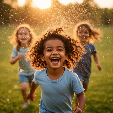 Happy diverse children running through water sprinkler in backyard during golden hour sunset, summer holiday concept