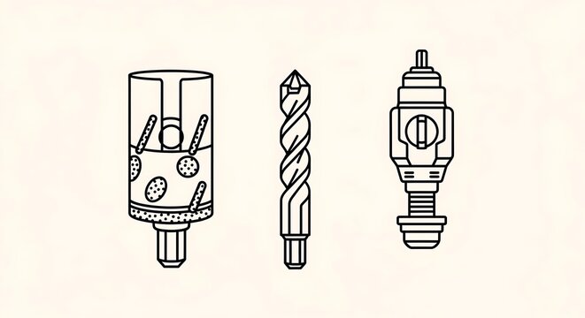 Three line-art drill bits depicted on a cream-colored background, showcasing their various shapes and designs