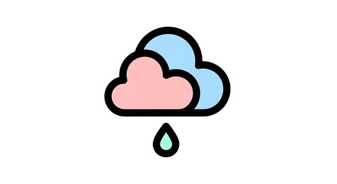 Simple icon featuring a stylized cloud formation, combining pink and blue with a black outline, and a single raindrop