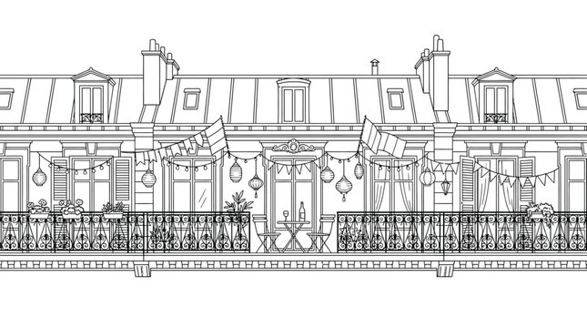 Detailed architectural drawing of a Parisian style apartment facade with a balcony.