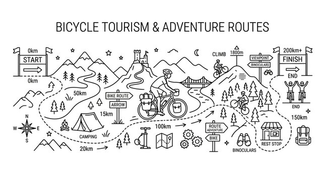 Doodle illustration of bicycle tourism and adventure cycling routes.