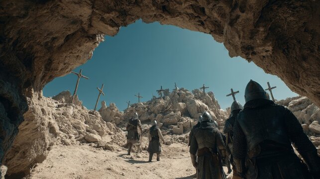 Medieval soldiers in armor climb a rocky desert hill toward a ridge lined with wooden crosses.