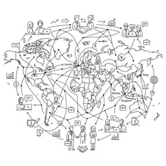 Obraz premium Global business network black line art connected people with world map finance and communication concept
