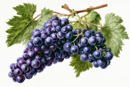 Purple grapes hanging from a leafy vine with sharp focus on a white background for wine label design and organic fruit marketing