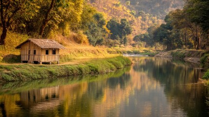 Obraz premium Tranquil riverside hut surrounded by lush greenery and serene water reflections in a peaceful natural landscape during golden hour