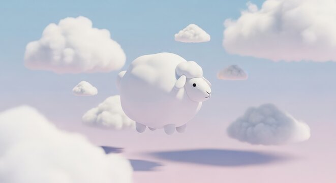 Dreamy white sheep floats peacefully among soft clouds in a pastel sky