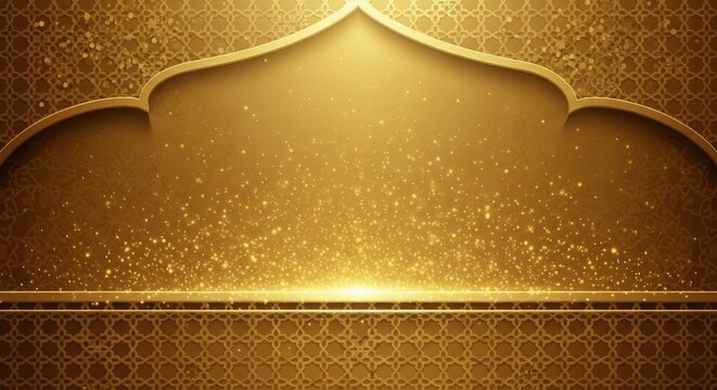 Luxurious golden Islamic archway with shimmering particles and intricate patterns, evoking celebration and elegance.