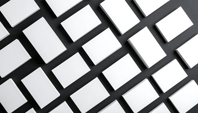 Numerous blank white business cards arranged in a neat pattern on a dark textured surface, clean presentation for professional identity, mockup for branding and contact information