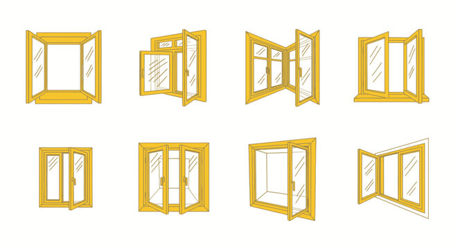 Collection of Diverse Wooden Window Frames in Various Open Positions