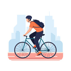 Fototapeta premium Cyclist riding a bicycle on a city street, wearing a helmet and backpack.