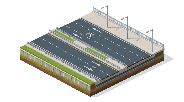Isometric view of a modern highway section with lanes and guardrails.