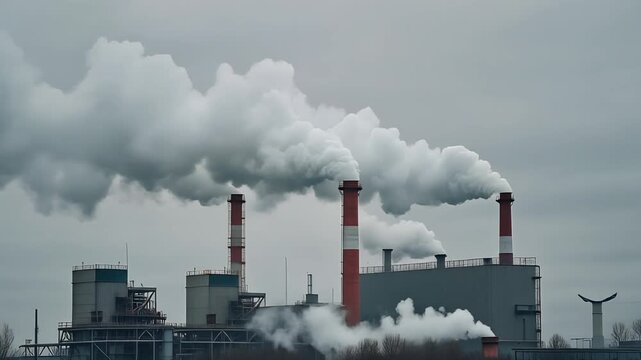 Cinematic Slow Motion Wide Shot Large Industrial Factory Chimneys Emitting White Steam Smoke