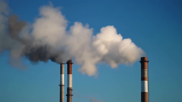 Cinematic Slow Motion Wide Shot Large Industrial Factory Chimneys Emitting White Steam Smoke