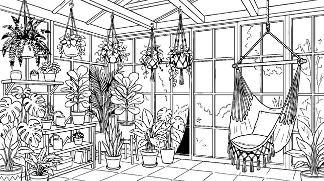 Greenhouse sunroom interior with plants and hammock chair