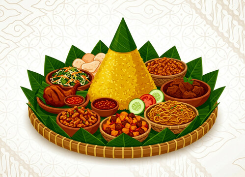 Generative AI vector illustration of traditional Indonesian tumpeng yellow rice with side dishes on bamboo tray, nasi kuning with fried chicken, rendang and vegetables for celebration.