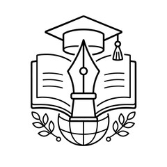 Fototapeta premium Academic achievement icon with cap, book, pen, and globe, symbolizing global education, knowledge, and literary excellence