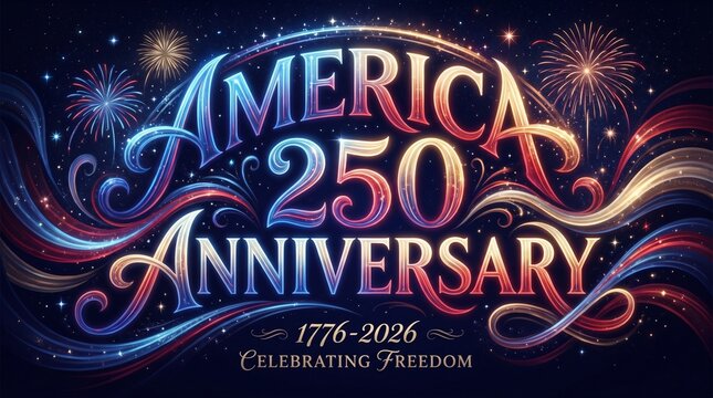 America 250 Anniversary Celebrating Freedom Calligraphy Background with Fireworks