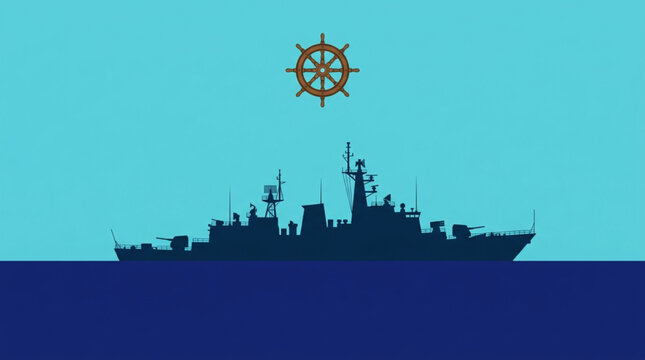 National Maritime Day Silhouette of a naval warship sailing on the ocean with a ship's wheel emblem above