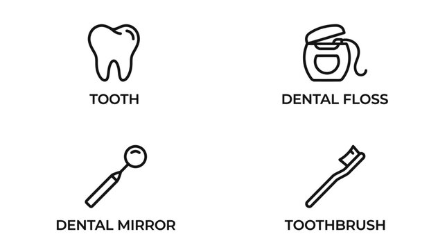 Dental care icons, tooth, floss, mirror, brush