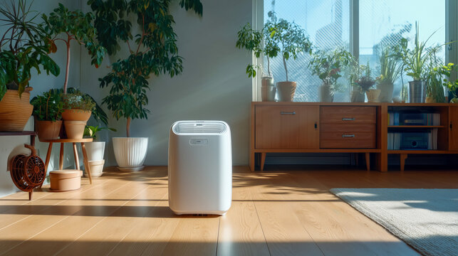 Portable air purifier in a sunlit living room with plants