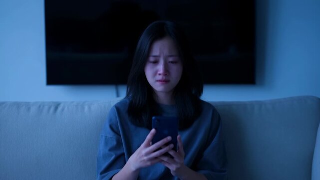 Sad woman cries while looking at her smartphone at home
