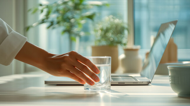 Morning workday scene with glass of water and laptop