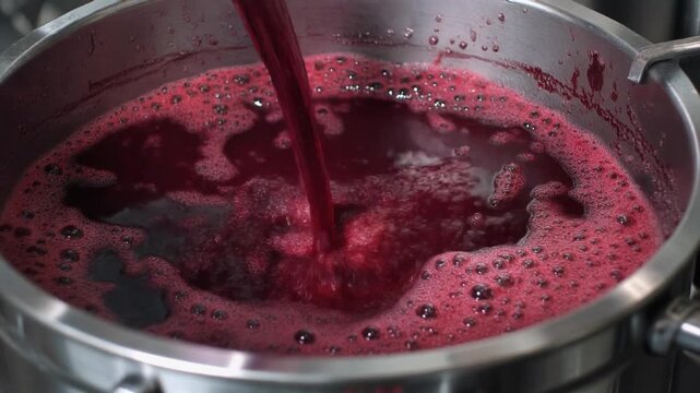 Close-Up of Bubbles in Red Wine Fermentation Process in Stainless Steel Tank with Flowing